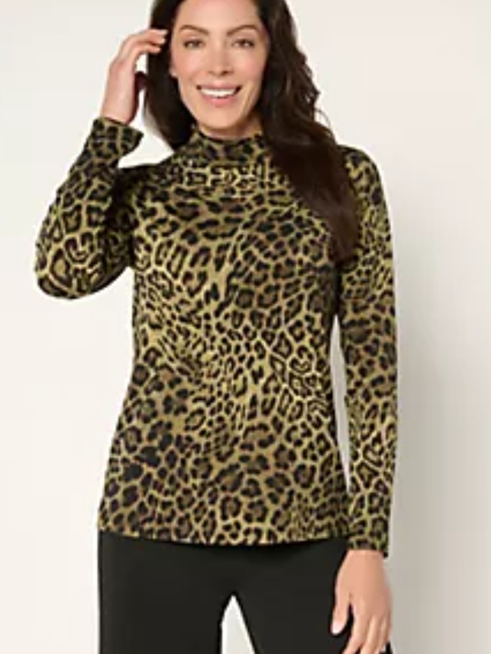 Susan Graver Olive Black Leopard Print Liquid Knit Mock Turtleneck Blouse